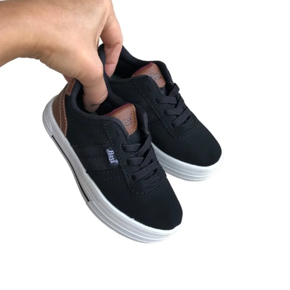 Bass Black Canvas / Leather Elastic Stretch Laces Slip‎ On  Baby Shoes 7